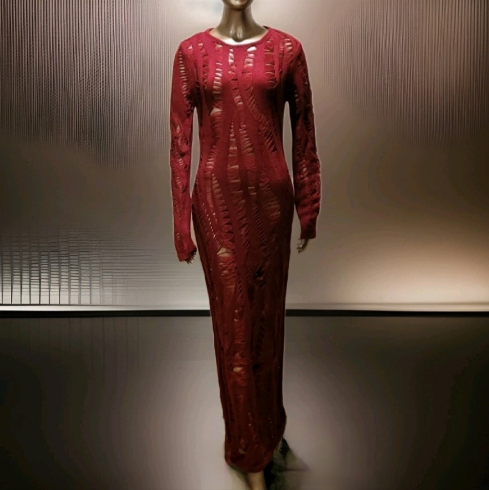 NWT Burgandy Distressed Long Sleeve Knit Maxi Sweater Dress Sz M - Picture 8 of 15